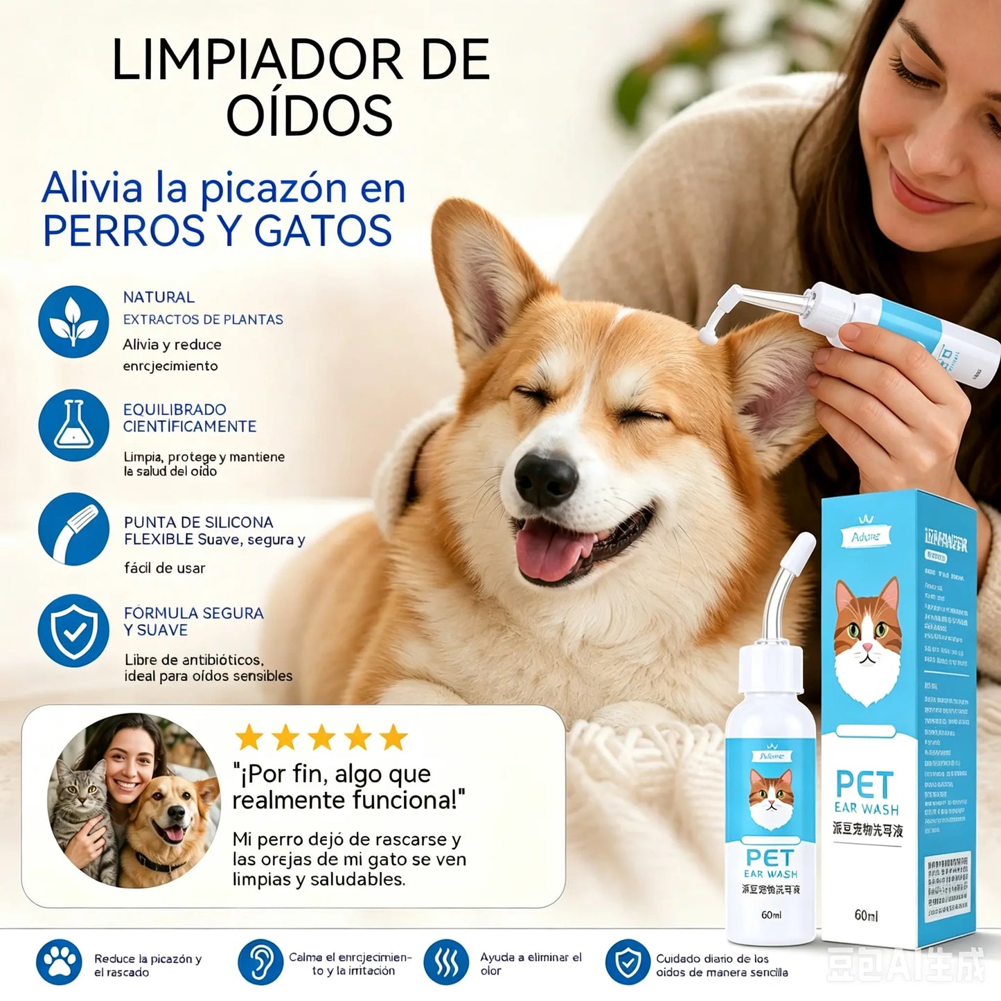 🐶Compra uno y llévate otro gratis 🐱 Limpiador de oídos para aliviar la picazón en los oídos de perros y gatos.