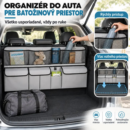 🚗📦 Závesný organizér do kufra auta – rozmery 105 x 51 cm, uvoľní podlahu kufra, kompatibilný s SUV a rodinnými autami, farby čierna a sivá.