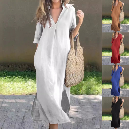 🌿💃【50 % zľava 🔥】【S–3XL】Letné ľanové maxi šaty s výstrihom do V a rozparkami – pohodlné a ľahké na leto
