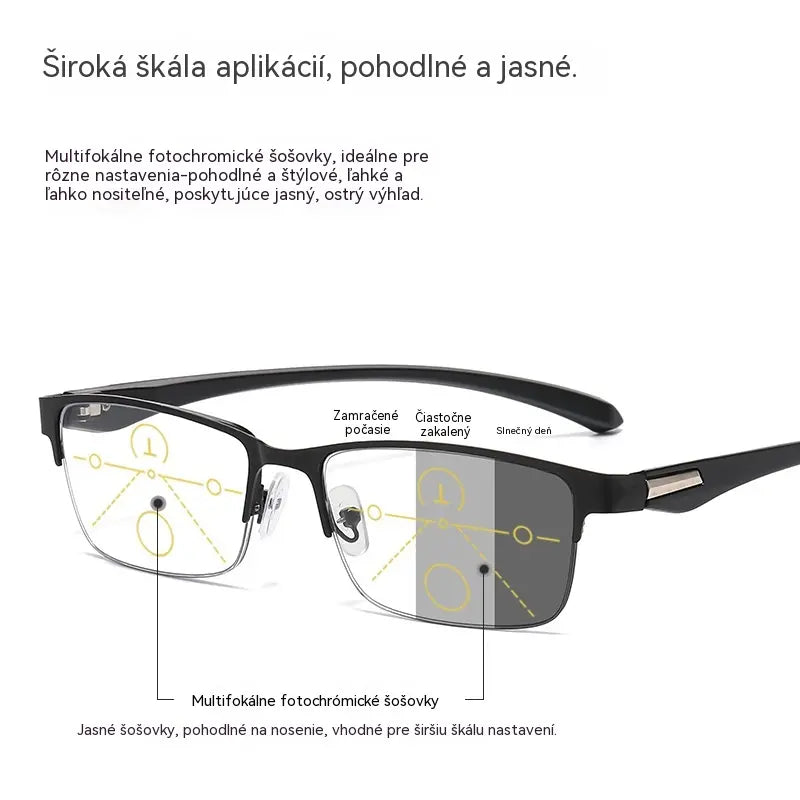 Nové polorámové okuliare na presbyopiu vhodné pre stredne starých a starších ľudí, s funkciami zväčšenia, multifokálne, citlivé na svetlo, menia farbu a blokujú modré svetlo