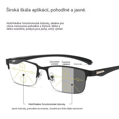 Nové polorámové okuliare na presbyopiu vhodné pre stredne starých a starších ľudí, s funkciami zväčšenia, multifokálne, citlivé na svetlo, menia farbu a blokujú modré svetlo