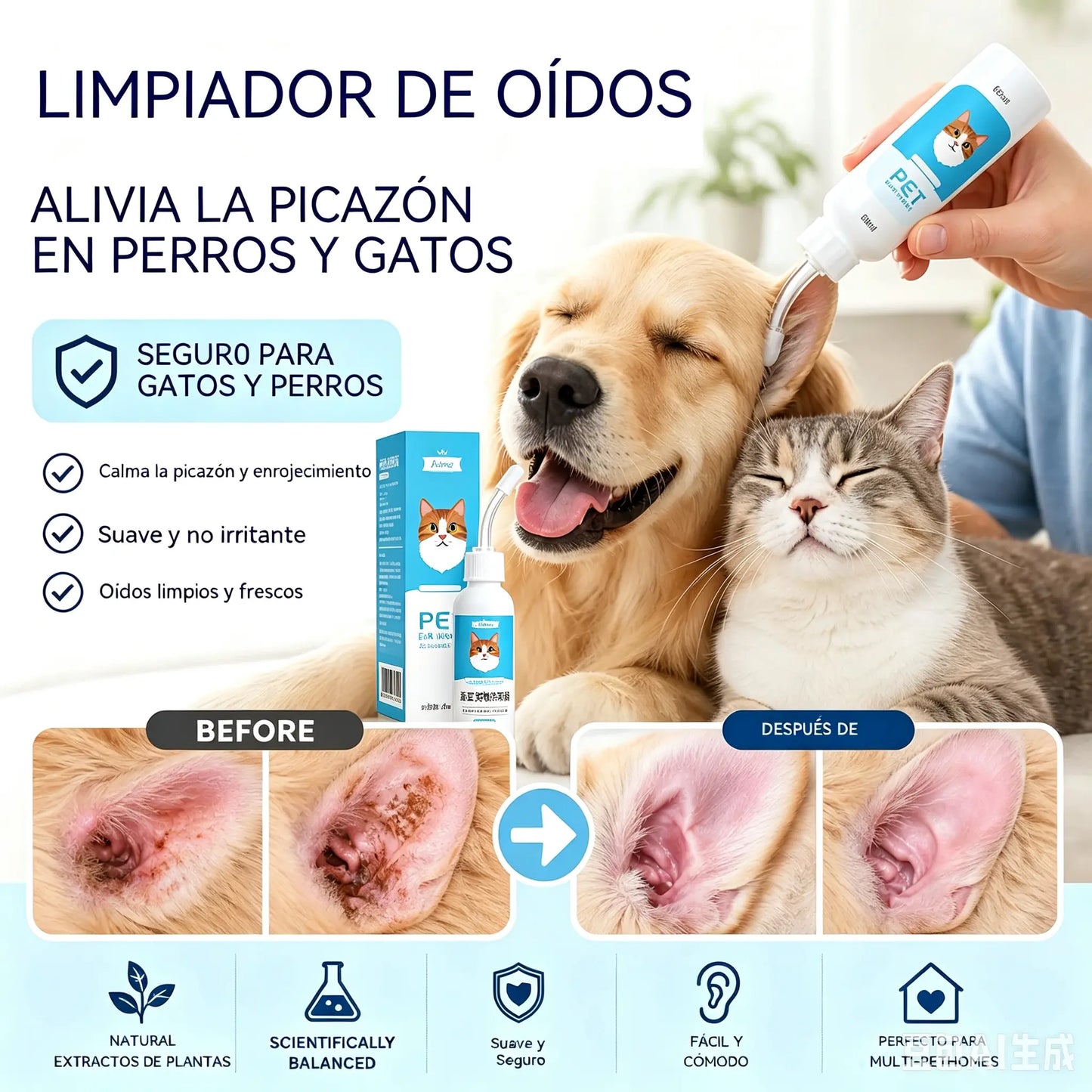 🐶Compra uno y llévate otro gratis 🐱 Limpiador de oídos para aliviar la picazón en los oídos de perros y gatos.