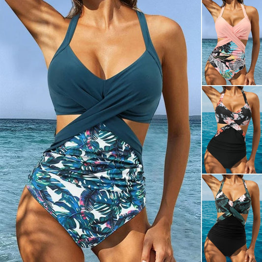 🌺🌿【50% reducere 🔥】【S–4XL】👙 Costum de baie întreg nou de vară pentru femei, mărimi mari, cu imprimeu floral și vegetal, cu elasticitate ridicată. 