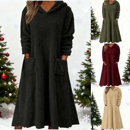 💥【50% popust】【S-3XL】👗 Nové dámske flísové šaty s kapucňou a dlhým rukávom – Pohodlné na domácu pohodu, ideálne na rok 2025