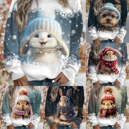 🎉【Zimný bestseller】💥【kupte 1 a získejte 1 zdarma】🐶🐇 Módna roztomilá mikina so potlačou zajaca a šteniatka – Dámska pohodlná a štýlová mikina s okrúhlym výstrihom, ideálna na každodenné nosenie