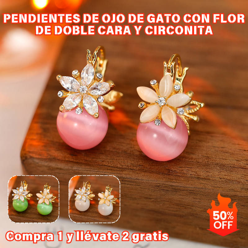 ⏰【Compra 1 y llévate 2 gratis】✨Pendientes de ojo de gato con flor de doble cara y circonita