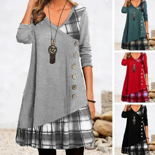 👗【S-3XL🔥】Vestido casual de manga larga para mujer con detalles en contraste ✅️Pago contra entrega disponible