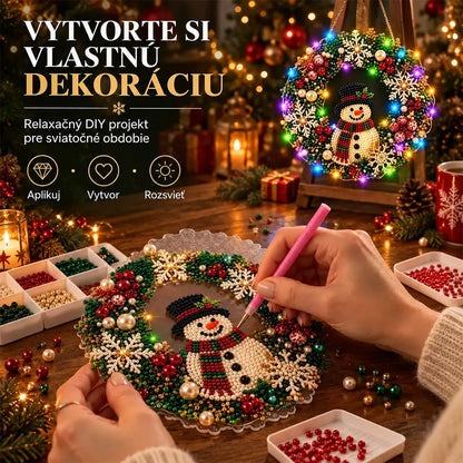 🎄💎 Vianočný veniec DIY s diamantmi, perlami a LED svetlami – 9 štýlov, akrylová doska, jednoduché tvorenie.
