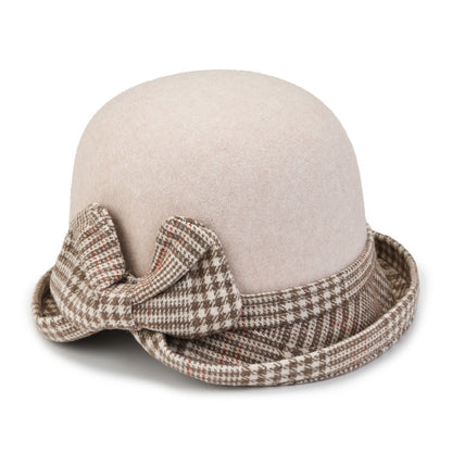 👒💃【¡Compra 1 y llévate otro gratis!】Gorro de lana ondulado para mujer, ideal para otoño e invierno, con lazo a cuadros.