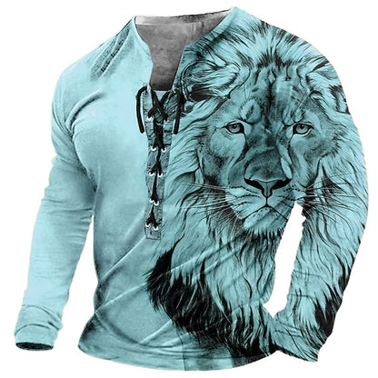 【S-4XL】 Pánsky 3D tlačený vzor leva vytlačený ležérnymi dlhými rukávmi