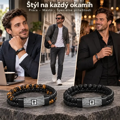 ✝️ Pánsky kožený náramok s krížom — dvojito pletený dizajn s prírodným kameňom a nehrdzavejúcou oceľou.