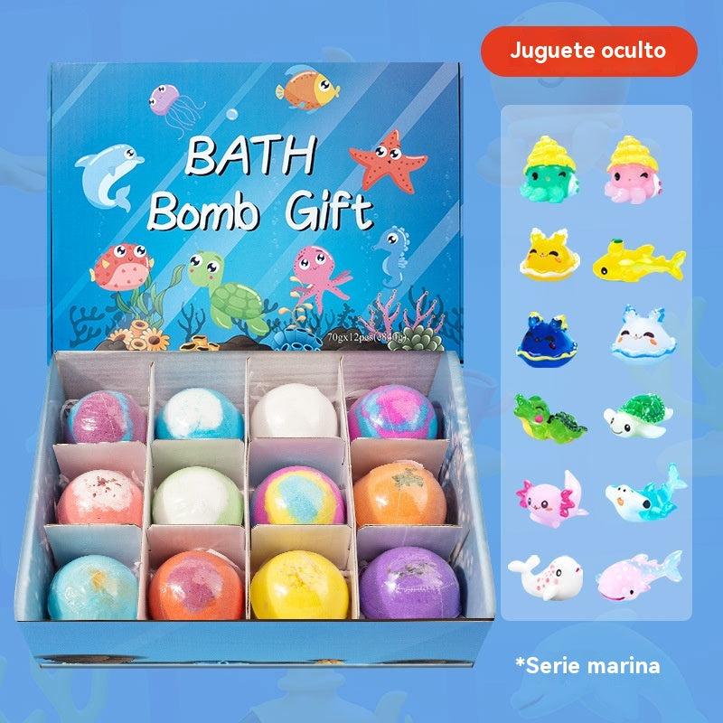 Sada 12 guľôčok so soľou do kúpeľa v tvare morských živočíchov (60 g každá), vhodné pre deti.
