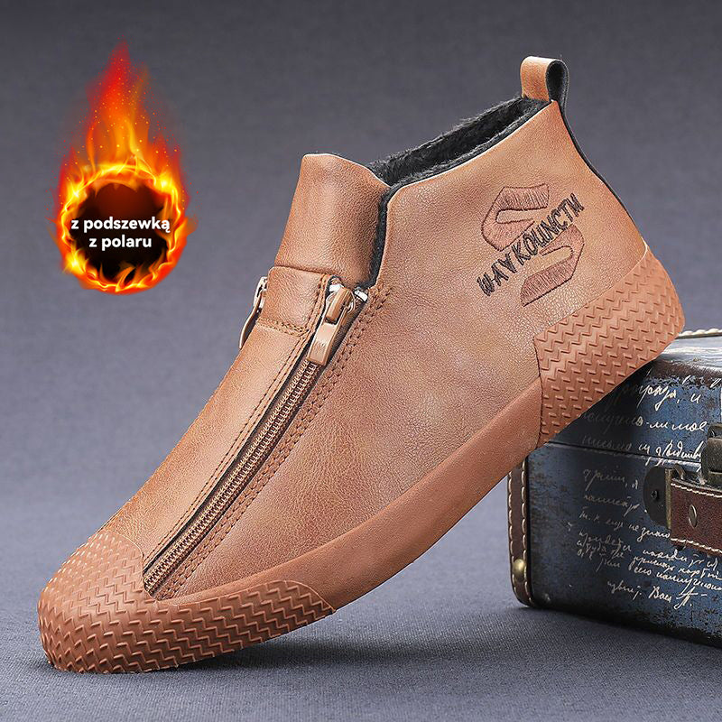 👞【39-44】Męskie ocieplane botki skórzane z zamkiem błyskawicznym – Wygodne, ciepłe i modne obuwie na zimę, idealne do codziennego użytku i na chłodniejsze dni!