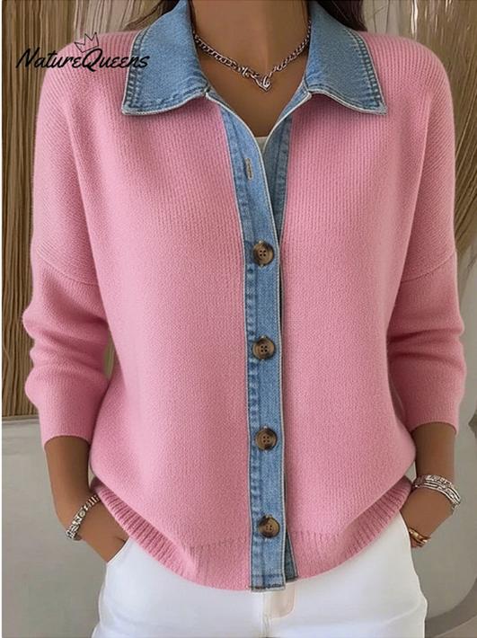 🔥🎉【Špeciálna ponuka✨】【S-3XL】🌷🙌Nový model zimného dámskeho džínového pleteného cardiganu, s kombinovaným tlačeným vzorom.