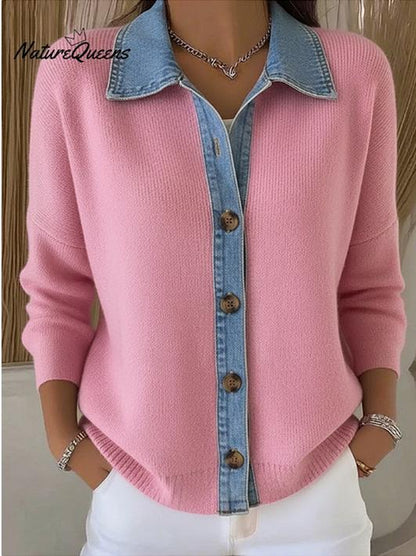 🔥🎉【Špeciálna ponuka✨】【S-3XL】🌷🙌Nový model zimného dámskeho džínového pleteného cardiganu, s kombinovaným tlačeným vzorom.