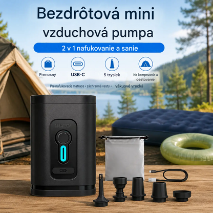 🏕️ Nabíjateľná vzduchová pumpa na kempovanie – LED svetlo, rýchle nafukovanie, kompaktná a prenosná