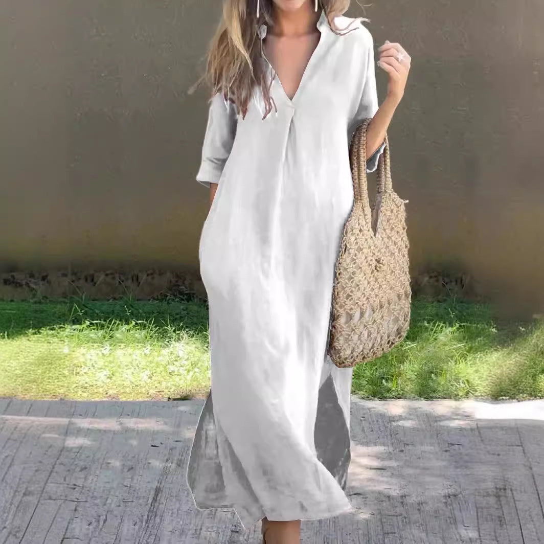 🌿💃【50 % zľava 🔥】【S–3XL】Letné ľanové maxi šaty s výstrihom do V a rozparkami – pohodlné a ľahké na leto