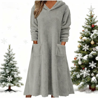 💥【50% popust】【S-3XL】👗 Nové dámske flísové šaty s kapucňou a dlhým rukávom – Pohodlné na domácu pohodu, ideálne na rok 2025