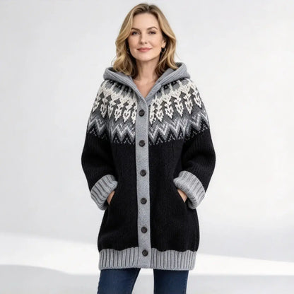 【S~5XL】✨Dámsky dlhý pletený kardigán s kapucňou – hrejivý severský dizajn s Fair Isle vzorom