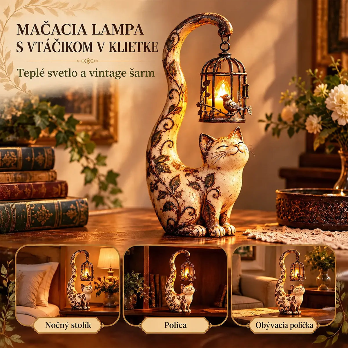 🐱💡【1 kus, výška 18,5 cm】Vintage nočné svetlo – mačka s vtáčou klietkou – kreatívna dekorácia pre útulný domov.