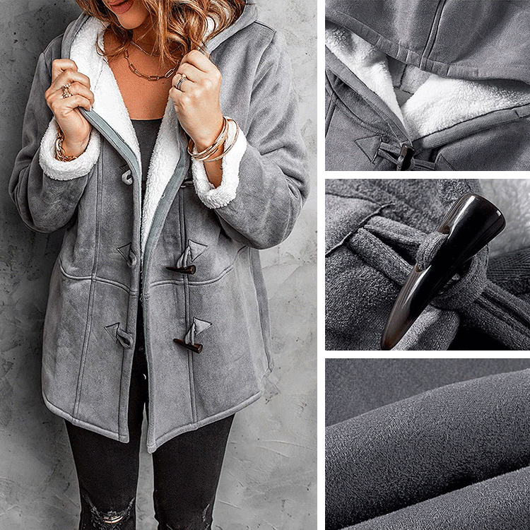🥼🔥💖【Descuento de temporada -50%】Abrigo de invierno para mujer con botones de cuerno, cuello de piel y capucha – cálido, elegante y cómodo para los días fríos