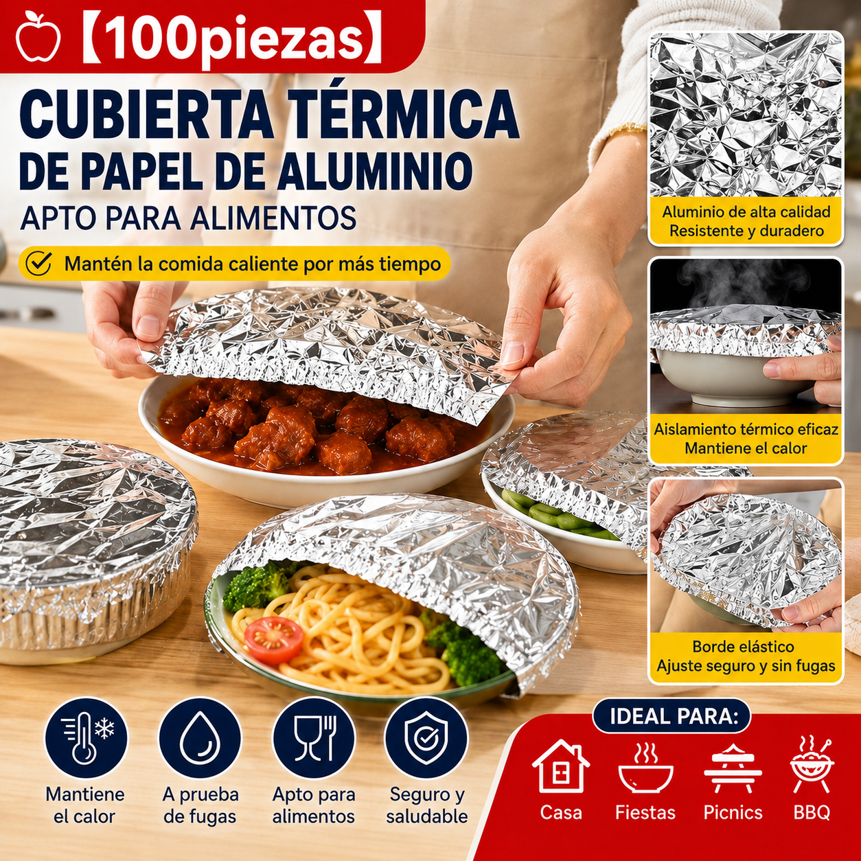 📢📢 ¡50% DE DESCUENTO!⏰【100 piezas】 Cubierta aislante de papel de aluminio Se colocan en segundos, se adaptan a distintos tamaños y mantienen tus alimentos protegidos.