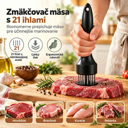 21-hranná ihla na zmäkčovanie mäsa z nehrdzavejúcej ocele na steaky, grilovanie a varenie.