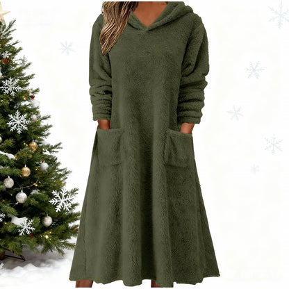 💥【50% popust】【S-3XL】👗 Nové dámske flísové šaty s kapucňou a dlhým rukávom – Pohodlné na domácu pohodu, ideálne na rok 2025
