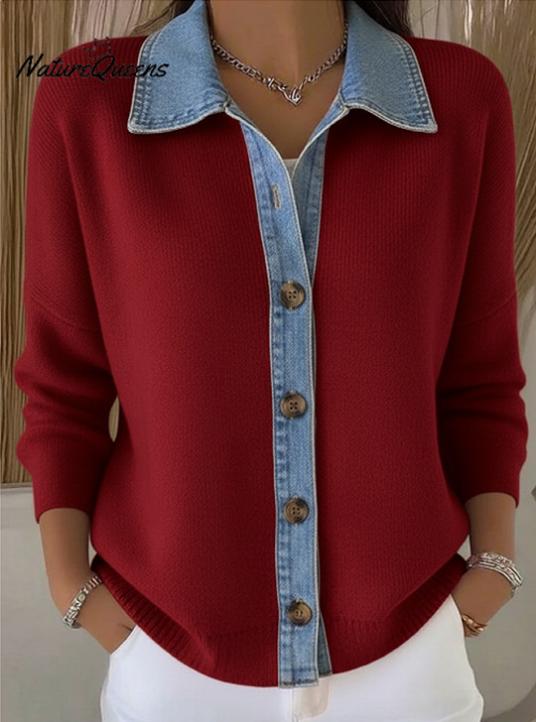 🔥🎉【Špeciálna ponuka✨】【S-3XL】🌷🙌Nový model zimného dámskeho džínového pleteného cardiganu, s kombinovaným tlačeným vzorom.