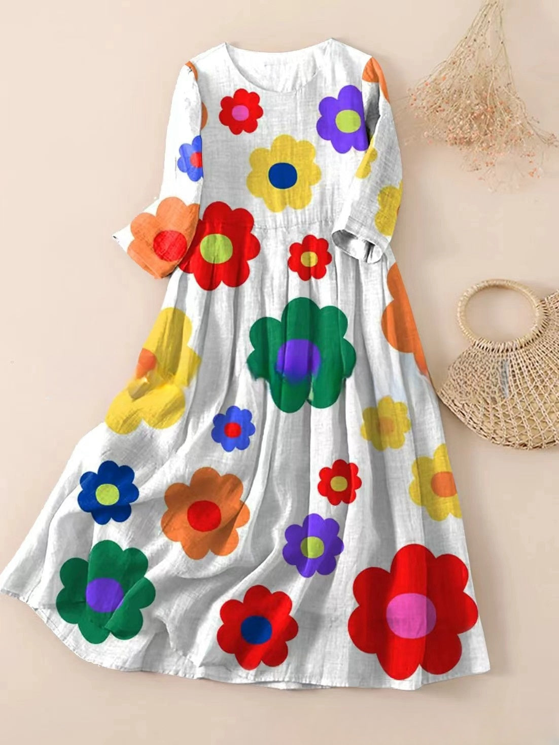 【S-3XL】🌼2024 nové kvetinové skladané šaty s okrúhlym výstrihom💕