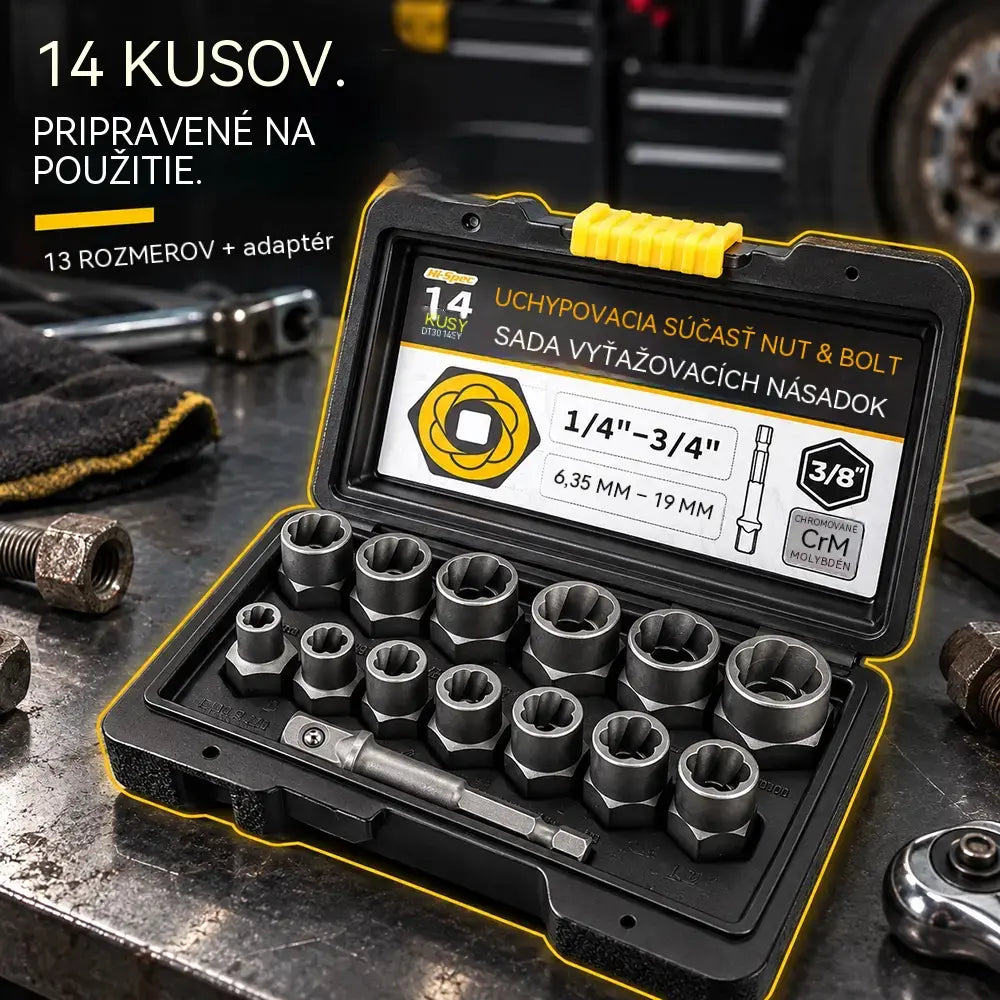 🛠️ Profesionálne riešenie na zaseknuté skrutky! Súprava vyťahovákov na poškodené matice a skrutky (14 kusov)! Mimoriadne odolná oceľ CrMo · Protišmykový profil · Vrátane praktického kufríka!