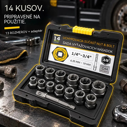 🛠️ Profesionálne riešenie na zaseknuté skrutky! Súprava vyťahovákov na poškodené matice a skrutky (14 kusov)! Mimoriadne odolná oceľ CrMo · Protišmykový profil · Vrátane praktického kufríka!