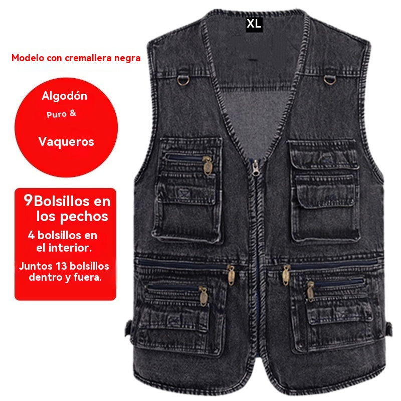 🔥【Oferta por tiempo limitado】【XL-7XL】2025 Chaleco vaquero multibolsillos para hombr
