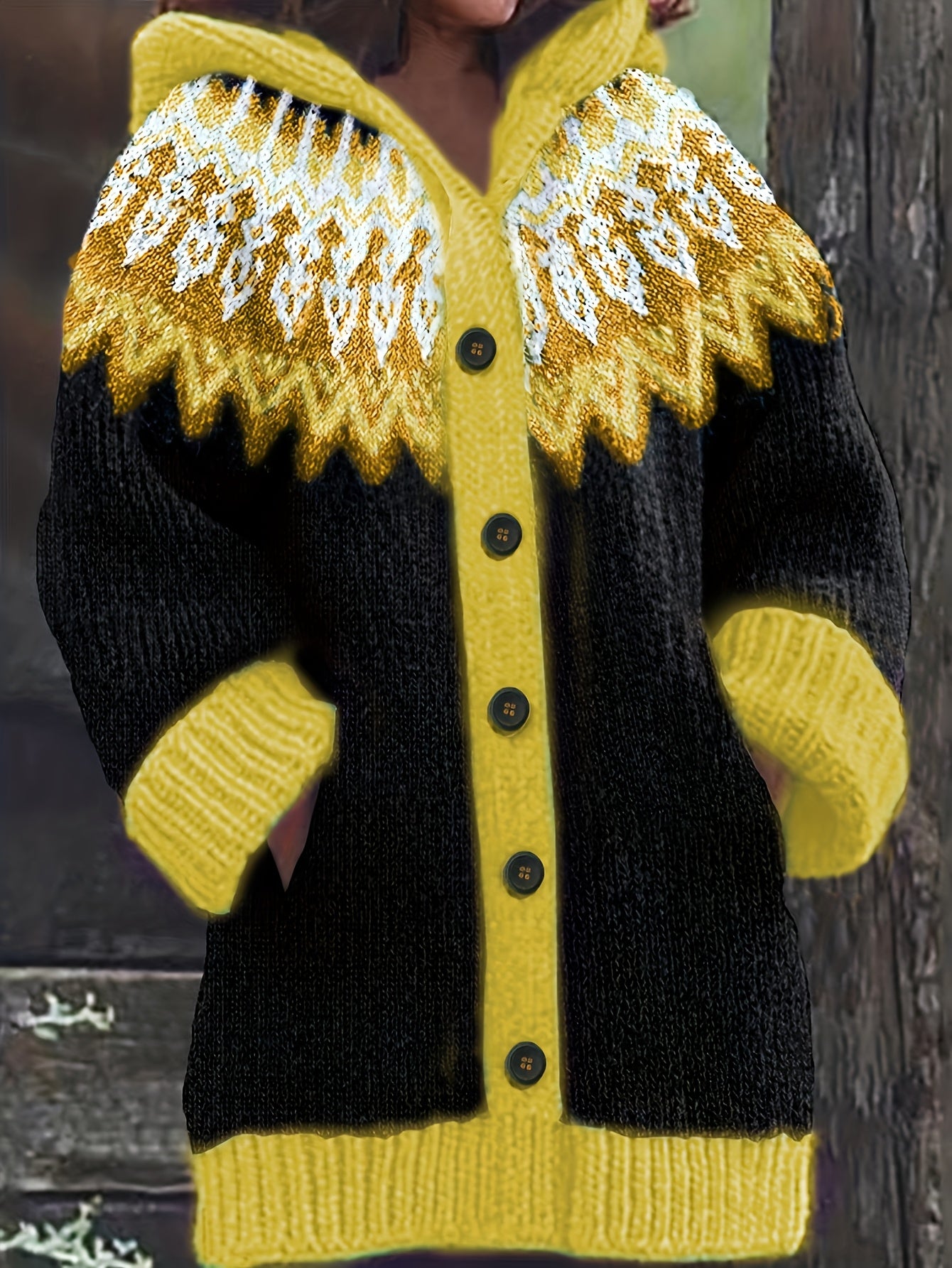 🎄【Коледно специално издание】🎁【S~5XL】✨ Елегантно ретро щампирано цветно яке с качулка – дебела плетена тъкан, топло и удобно за зимни дни.