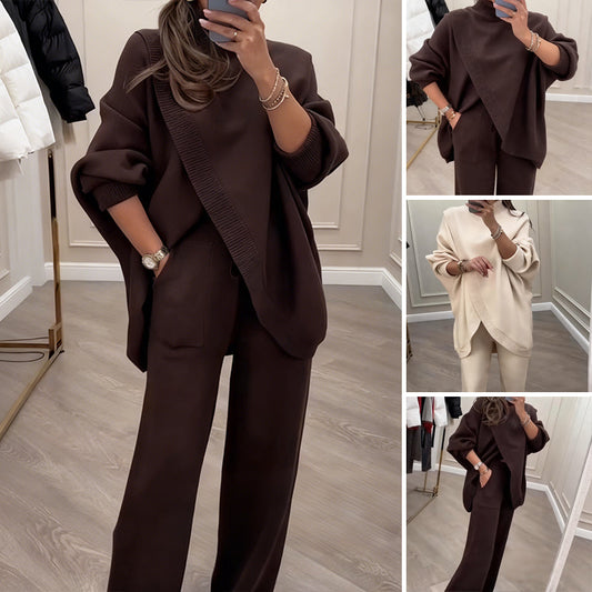 🔥【S-5XL】 Zľava 49%❗❗ Novinka! Dámsky dvojdielny set - asymetrický sveter + nohavice so širokými nohavicami, voľný strih, mäkká tkanina, super pohodlné👚✨