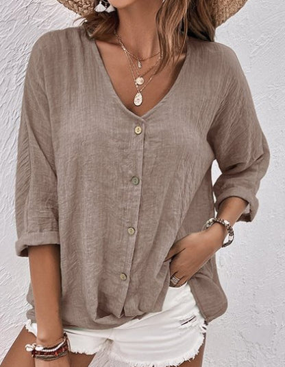 👚👚【50% отстъпка】【S-3XL】Дамска V-образна риза 2025 – стилна, удобна и лесна за съчетаване с всичко