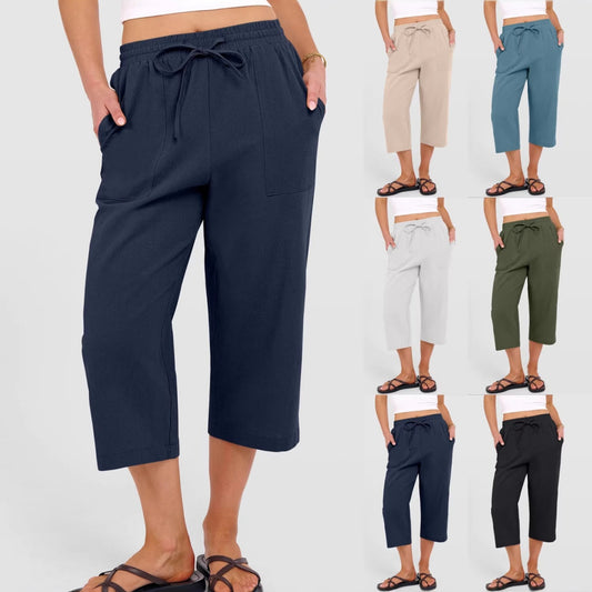 🌸【Kúp 1, získaj 1 zadarmo】Dámske jednofarebné skladané skrátené nohavice z bavlny a ľanu1【40-90KG】