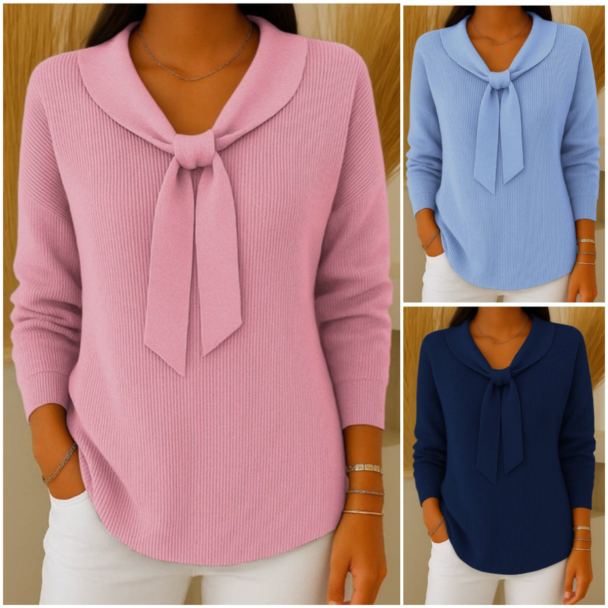 👚🧶【S~2XL】Dámsky jednofarebný sveter s dlhým rukávom a zaväzovaním, ležérny a voľný