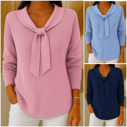 👚🧶【S~2XL】Dámsky jednofarebný sveter s dlhým rukávom a zaväzovaním, ležérny a voľný