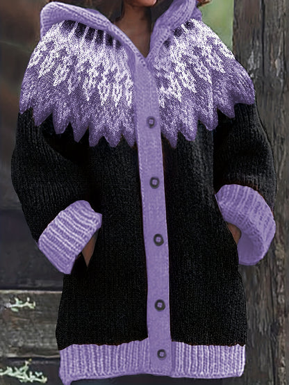 🎄【Vianočné špeciálne vydanie】🎁【S~5XL】✨ Elegantná retro potlačená farebná bunda s kapucňou – hrubá pletená tkanina, teplá a pohodlná pre zimné dni