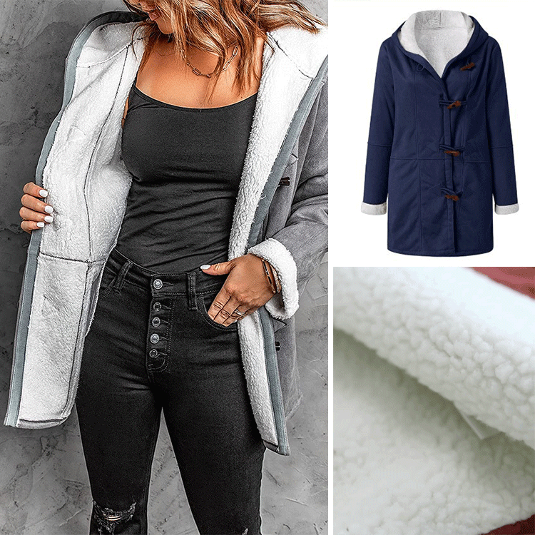 🥼🔥💖【Descuento de temporada -50%】Abrigo de invierno para mujer con botones de cuerno, cuello de piel y capucha – cálido, elegante y cómodo para los días fríos