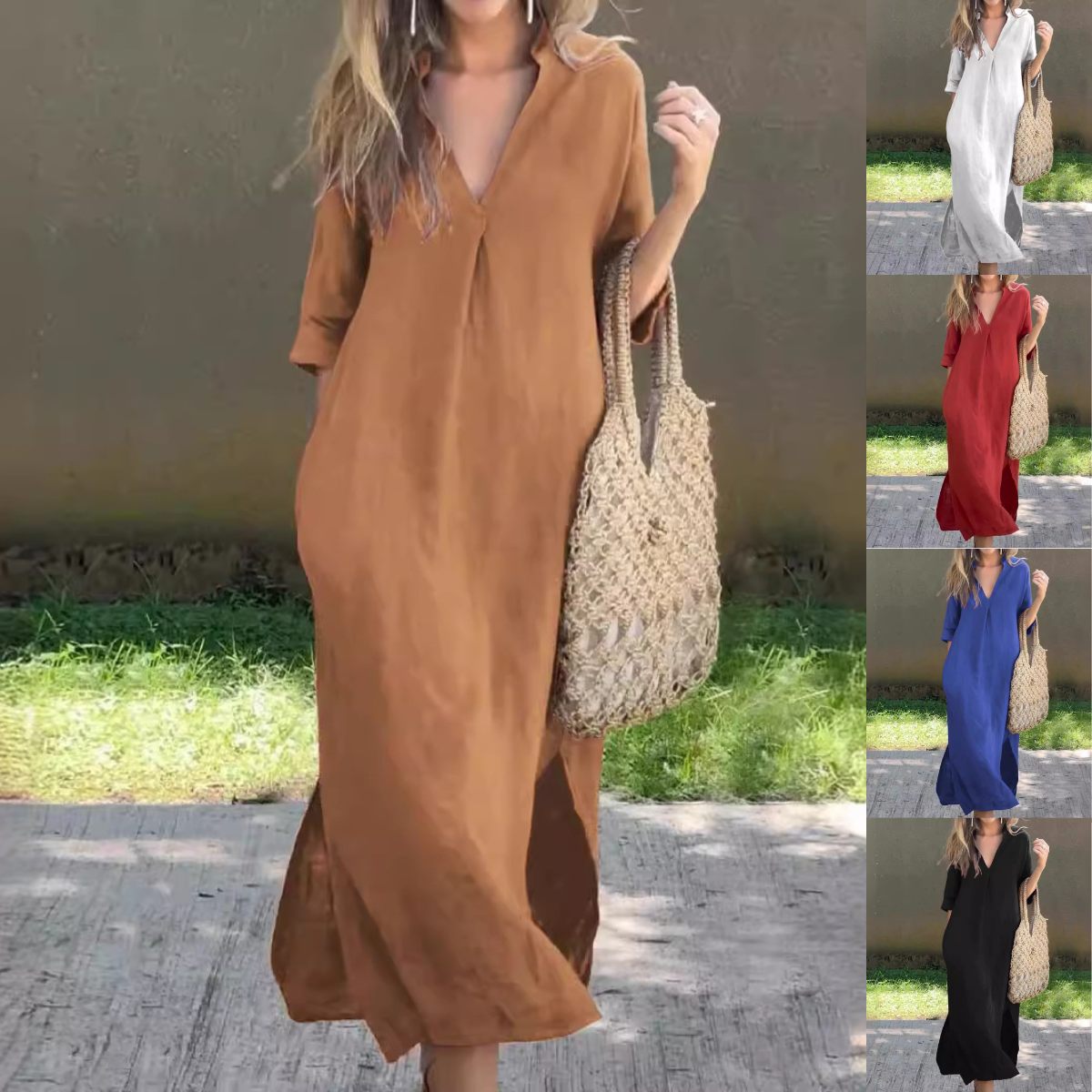 🌿💃【50 % zľava 🔥】【S–3XL】Letné ľanové maxi šaty s výstrihom do V a rozparkami – pohodlné a ľahké na leto
