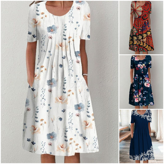 💜🌸【S-5XL】2025 Nový okrúhly krk Módne kvetinové šaty, pohodlné a neformálne, elegantné a vynikajúce