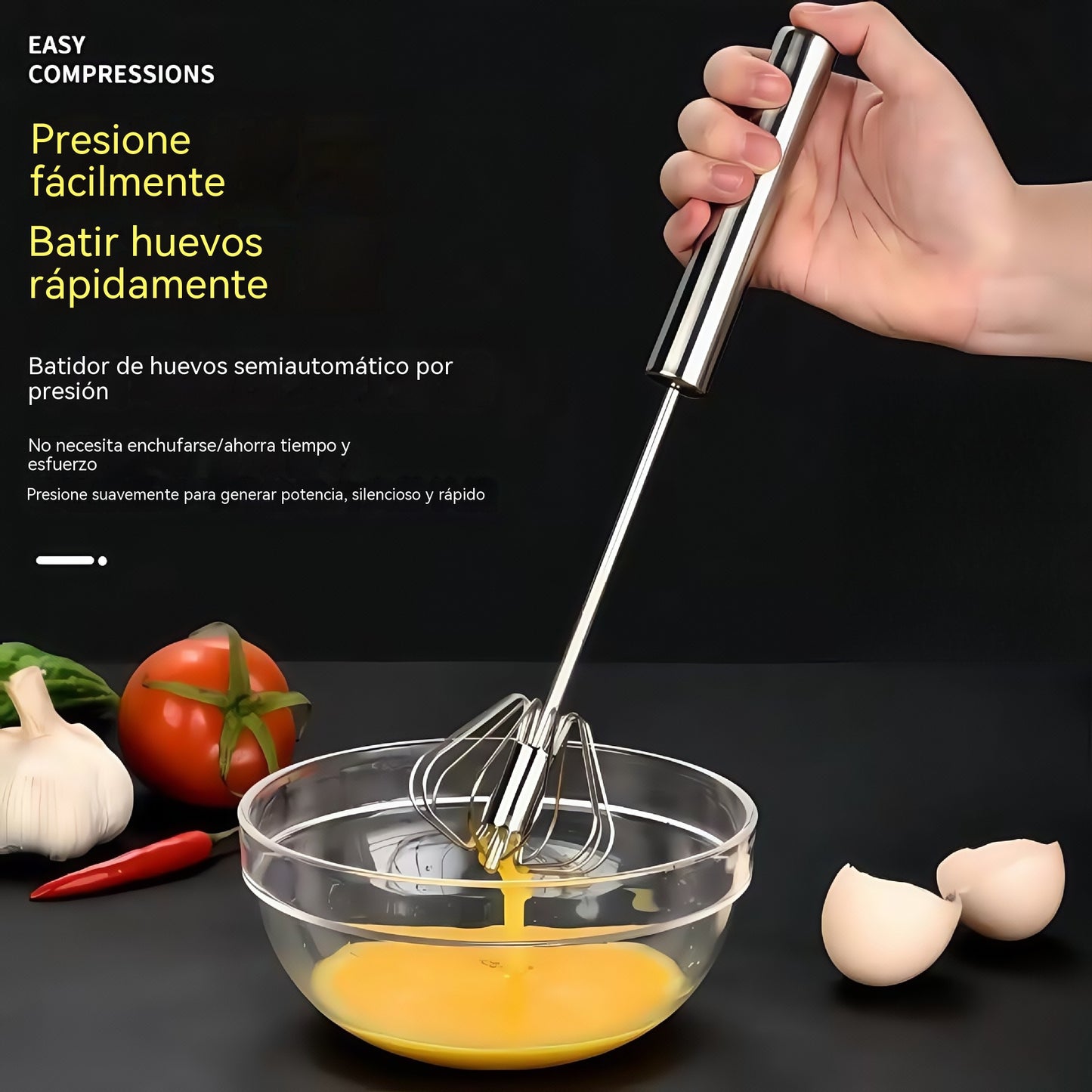 🥇【 Conjunto de 3 piezas】Batidor de huevos semiautomático de acero inoxidable – bate rápida y uniformemente huevos, nata y salsas sin necesidad de electricidad