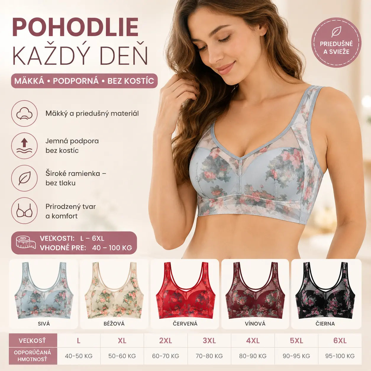 👙【Sada 3 kusov】❄️Prémiová podprsenka s oporou - dizajn bez kostíc, mäkká a pohodlná