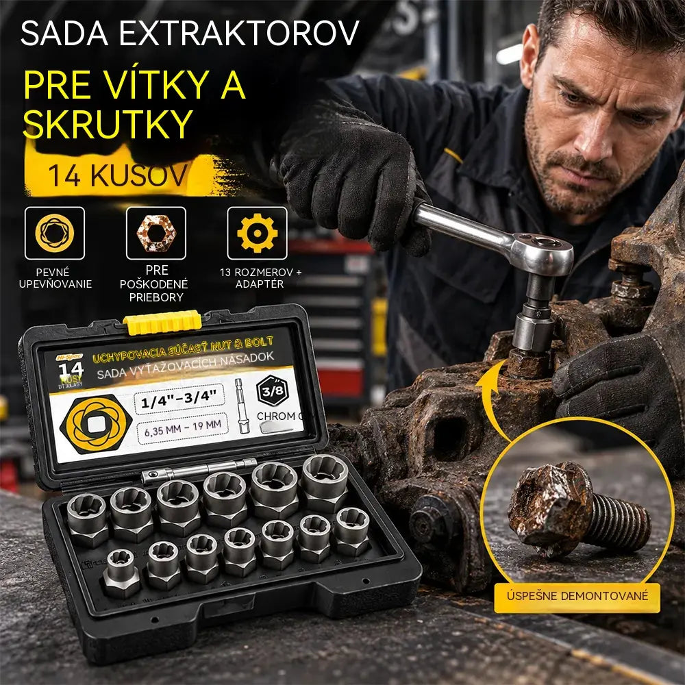 🛠️ Profesionálne riešenie na zaseknuté skrutky! Súprava vyťahovákov na poškodené matice a skrutky (14 kusov)! Mimoriadne odolná oceľ CrMo · Protišmykový profil · Vrátane praktického kufríka!