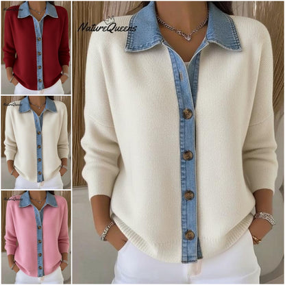 🔥🎉【Špeciálna ponuka✨】【S-3XL】🌷🙌Nový model zimného dámskeho džínového pleteného cardiganu, s kombinovaným tlačeným vzorom.