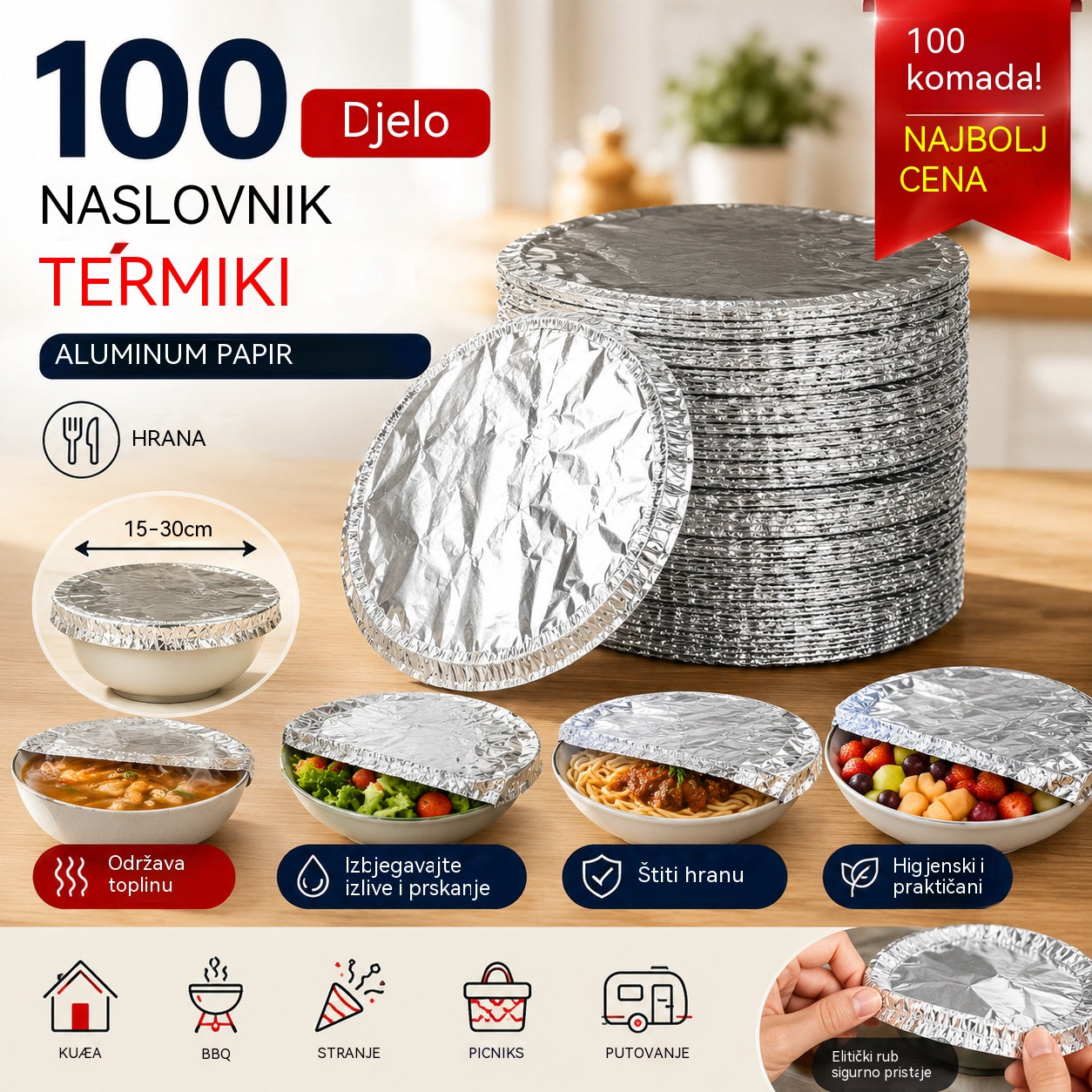 📢📢 50% POPUSTA!⏰【100 komada】 Izolacijski poklopac od aluminijske folije - Brzo se postavljaju, savršeno prianjaju i čuvaju svježinu hrane.