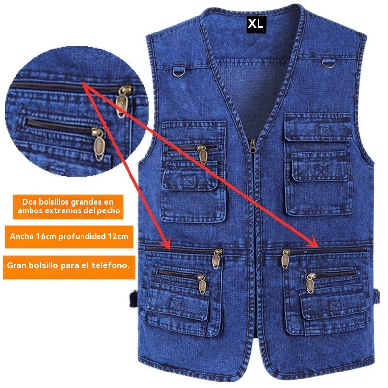 🔥【Oferta por tiempo limitado】【XL-7XL】2025 Chaleco vaquero multibolsillos para hombr