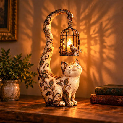 🐱💡【1 kus, výška 18,5 cm】Vintage nočné svetlo – mačka s vtáčou klietkou – kreatívna dekorácia pre útulný domov.
